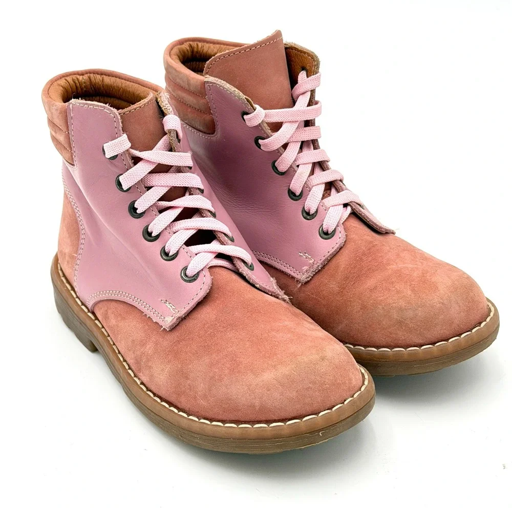 DOGI Pink Two Tone Leather Suede Lace Up Combat Ankle Boots Lug Sole Size 13